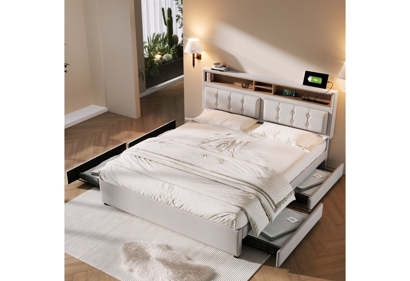 BlingBin Polsterbett Doppelbett (1-tlg., 140x200cm mit 4 Schubladen und USB günstig online kaufen