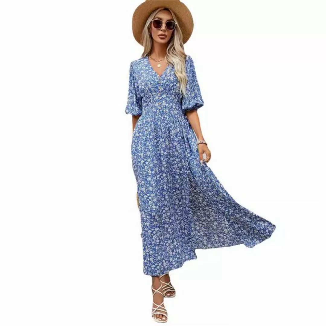 RUZU UG Dirndl Kleid mit V-Ausschnitt, Laternenärmeln und Taille, Urlaubs-S günstig online kaufen