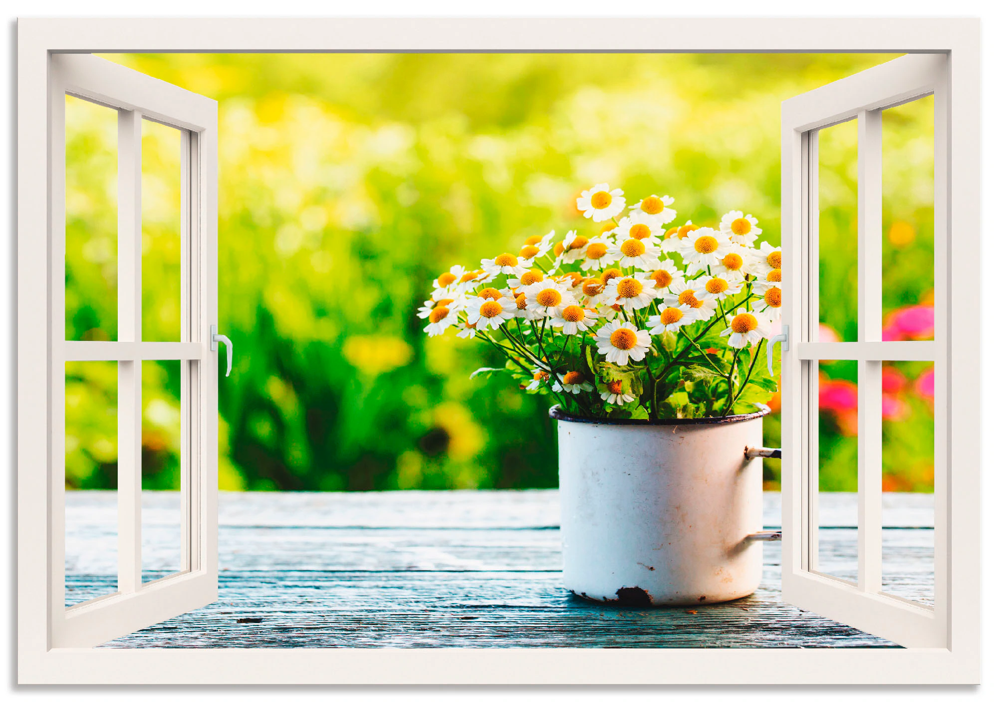 Artland Wandbild "Fensterblick Garten mit Gänseblümchen", Blumen, (1 St.), günstig online kaufen