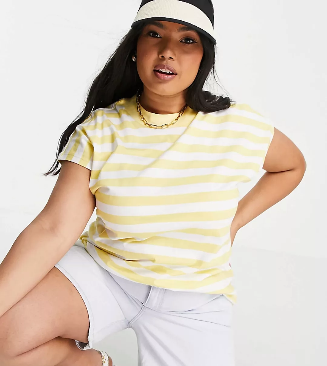 ASOS DESIGN Curve – Kastiges, ärmelloses T-Shirt in gelb gestreift günstig online kaufen