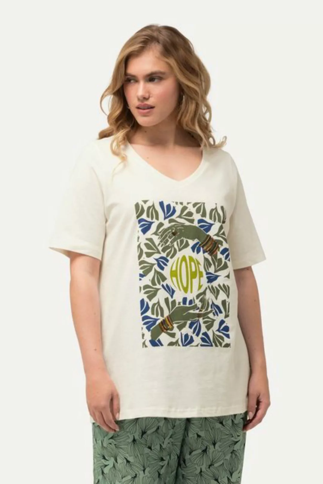 Ulla Popken Rundhalsshirt T-Shirt Pailletten V-Ausschnitt Halbarm günstig online kaufen