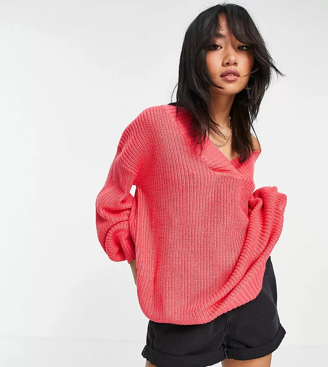 Threadbare Petite – Adeline – Oversize-Pulloverkleid in Rosa mit V-Ausschni günstig online kaufen