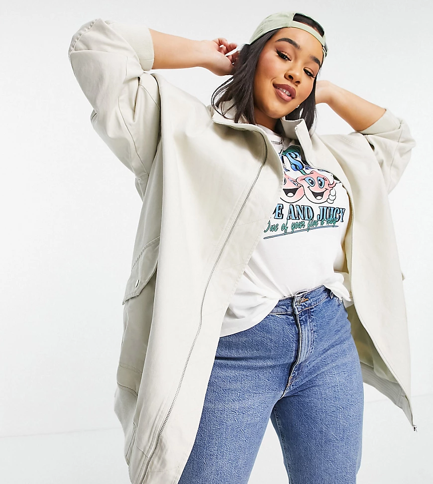 ASOS DESIGN Curve – Longline-Bomberjacke aus Canvas mit Waschung in Stein-N günstig online kaufen