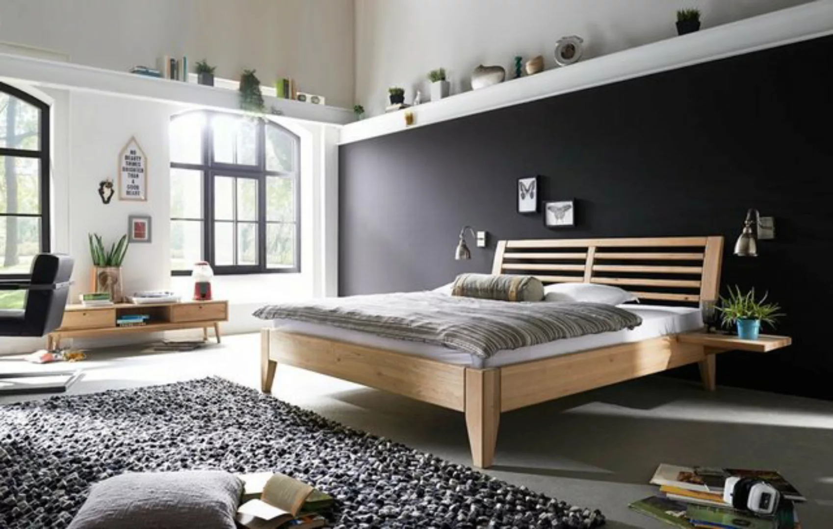 Natur24 Einzelbett Bett Odense 120x200cm Wildeiche Bianco massiv mit Kopfte günstig online kaufen