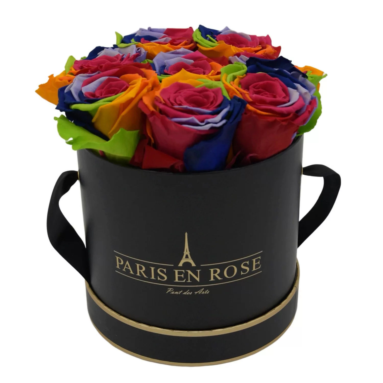 Rosenbox Ø 14,5 cm Schwarz-Gold mit 9 Rainbow Rosen günstig online kaufen