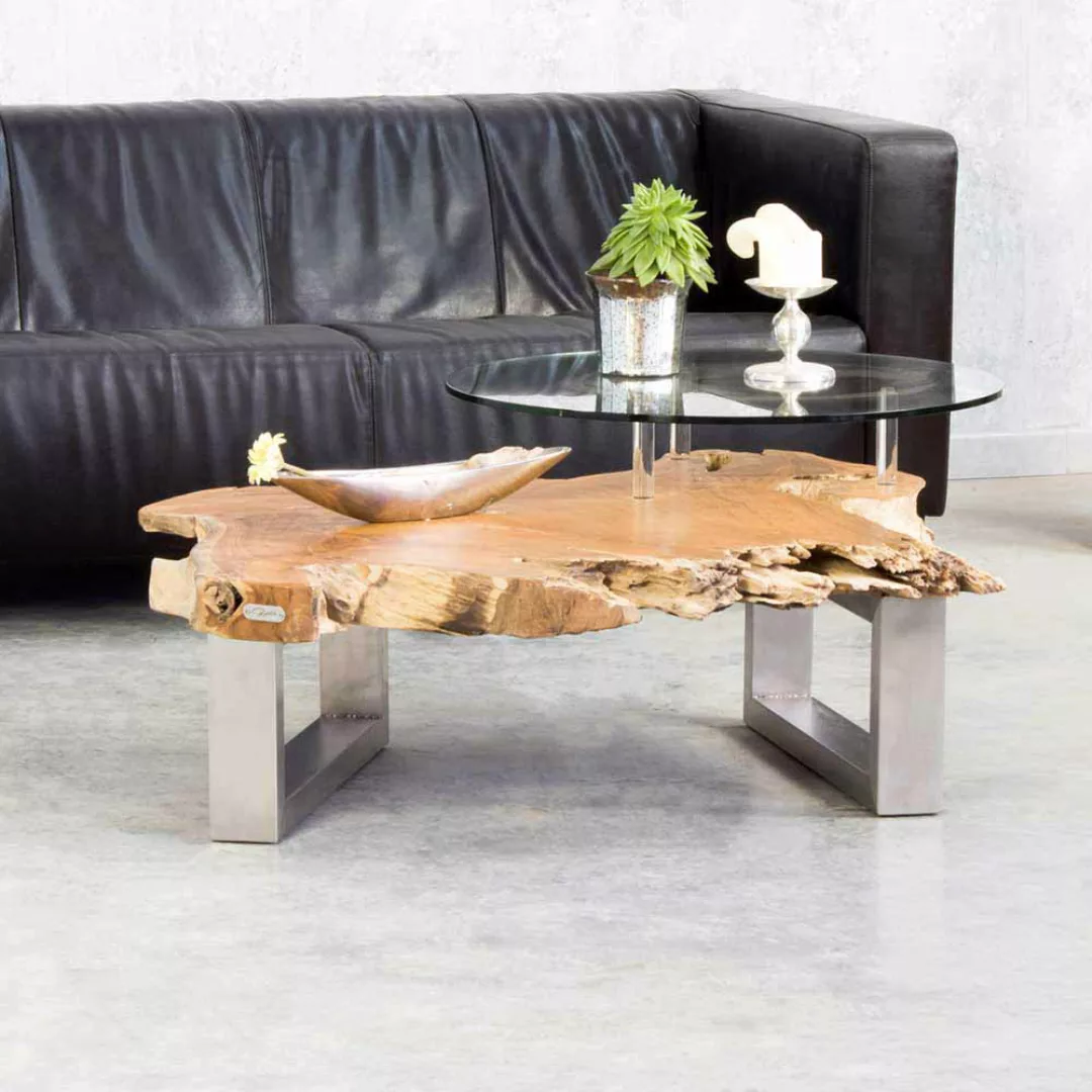 Design Couchtisch mit 2 Platten Baumkante günstig online kaufen