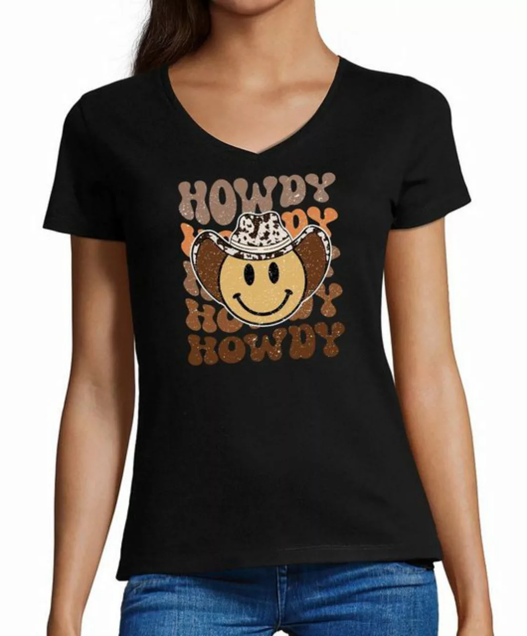 MyDesign24 T-Shirt Damen Smiley Print Shirt - Lächelnder Cowboy Smiley V-Au günstig online kaufen