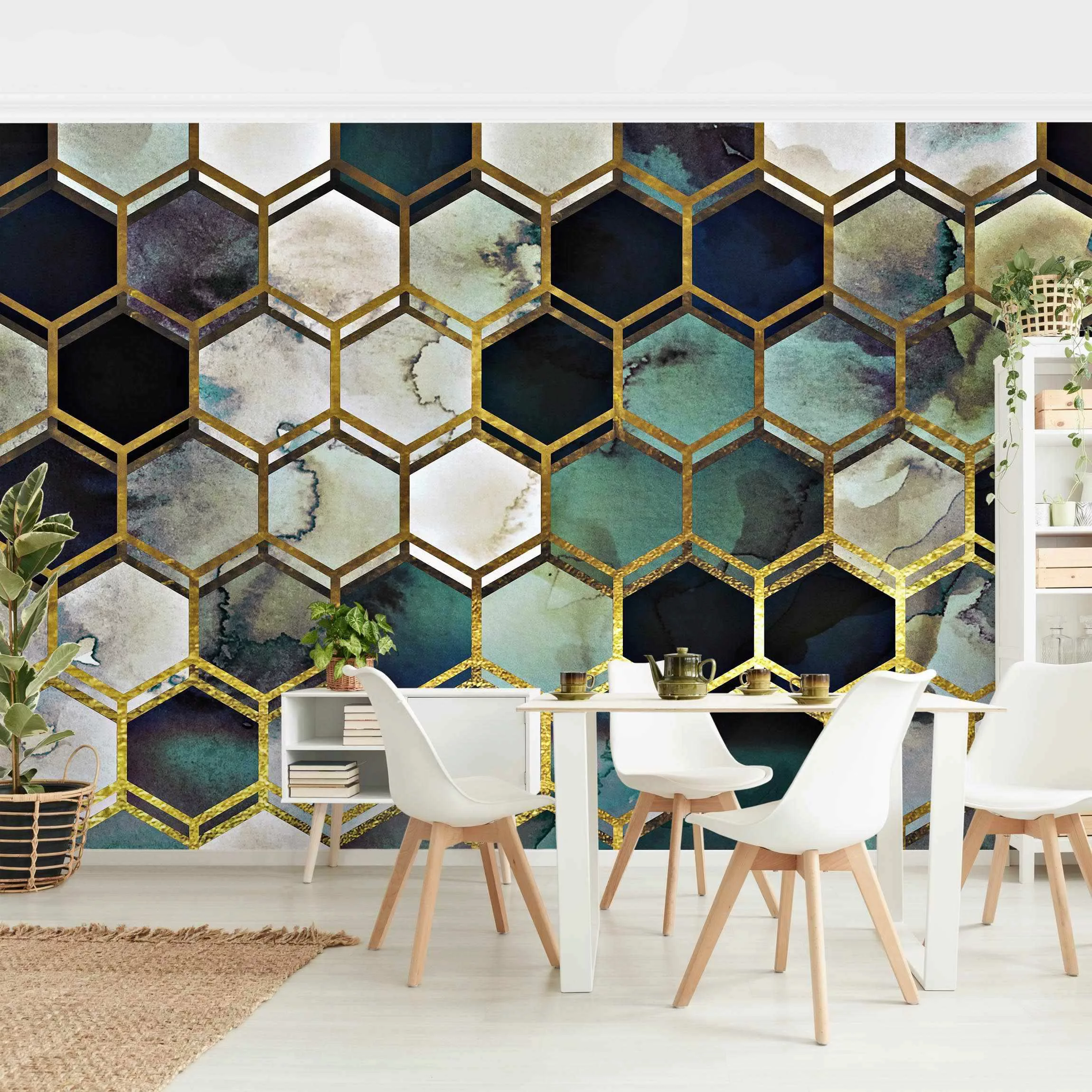 Mustertapete Hexagonträume Aquarell mit Gold günstig online kaufen