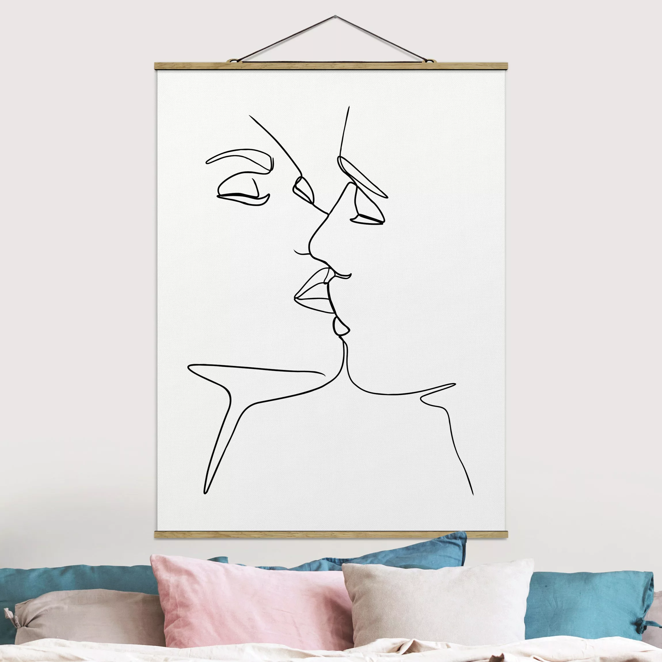 Stoffbild Abstrakt mit Posterleisten - Hochformat Line Art Kuss Gesichter S günstig online kaufen