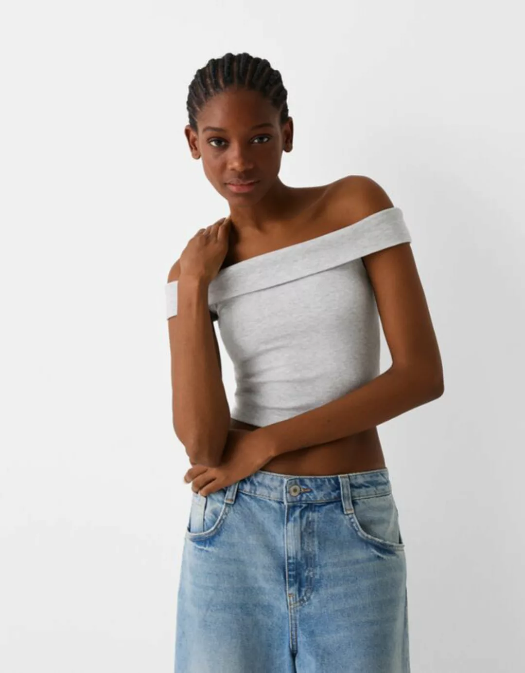 Bershka T-Shirt Mit Kurzen Ärmeln Und Bardot-Ausschnitt Damen Xs Grau günstig online kaufen