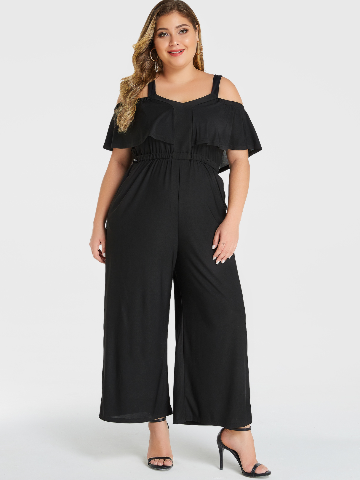 YOINS Plus Größe Black Cold Shoulder Overlay Stretchbund Jumpsuit günstig online kaufen