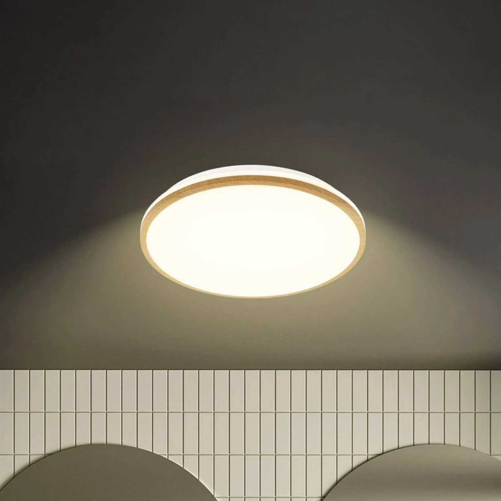 LED-Deckenleuchte Acorus, Ø 33 cm, weiß/holzfarben, IP44 günstig online kaufen