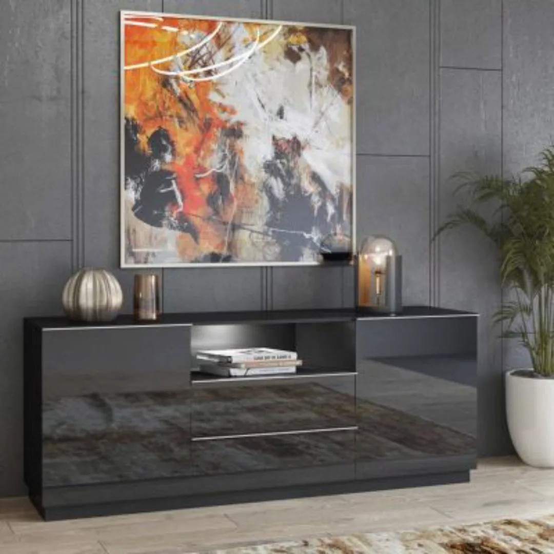 Lomadox Sideboard schwarz Wohnzimmer HOOVER-83 mit Glasfronten und LED Bele günstig online kaufen