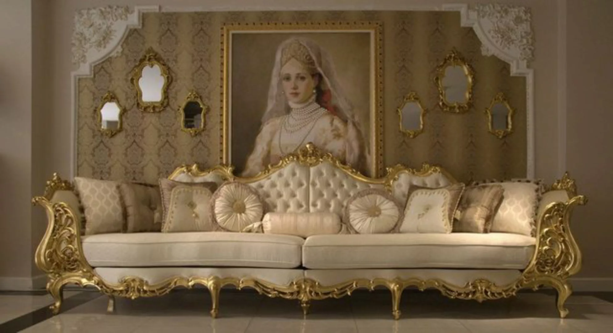 Casa Padrino Sofa Luxus Barock Wohnzimmer Sofa Creme / Gold 360 x 100 x H. günstig online kaufen