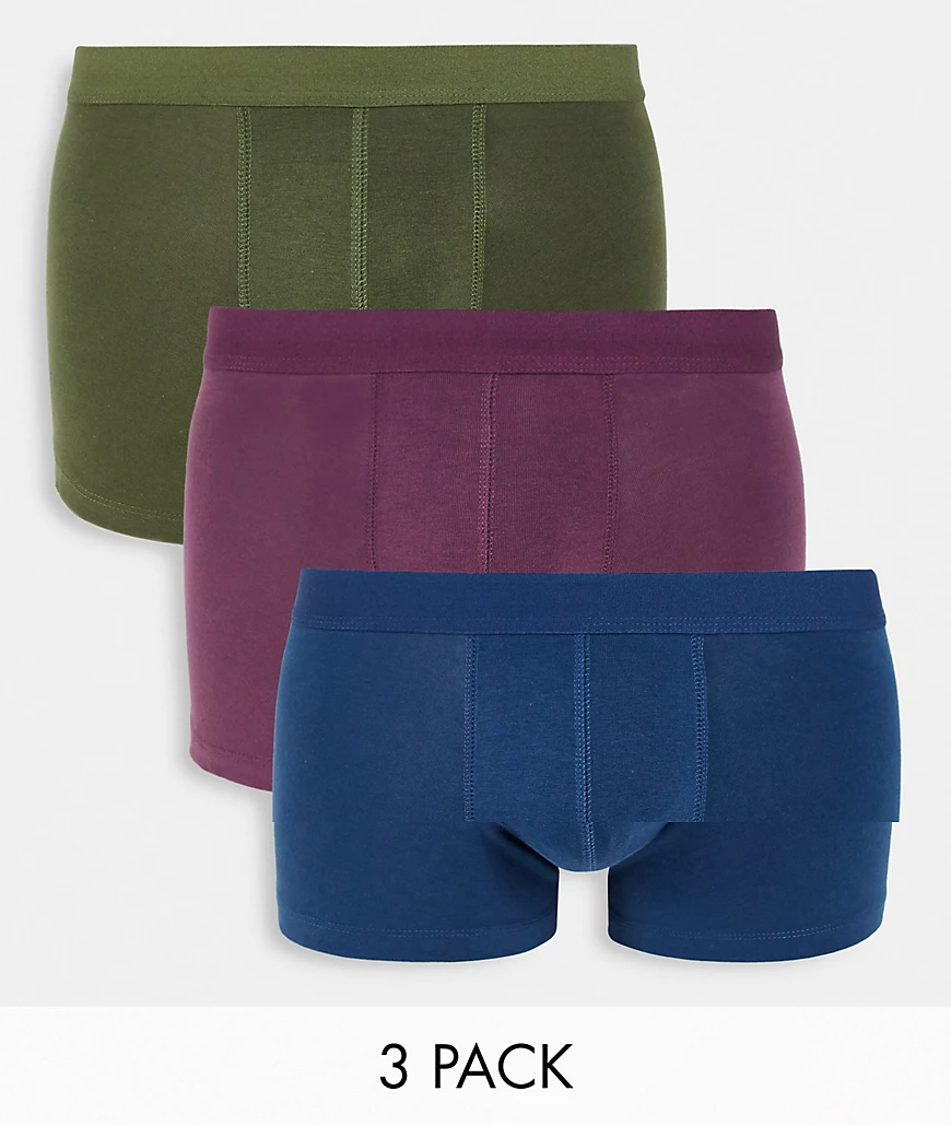 ASOS DESIGN – 3er-Pack Unterhosen in Schmucksteinfarben in Marine/Lila/Khak günstig online kaufen