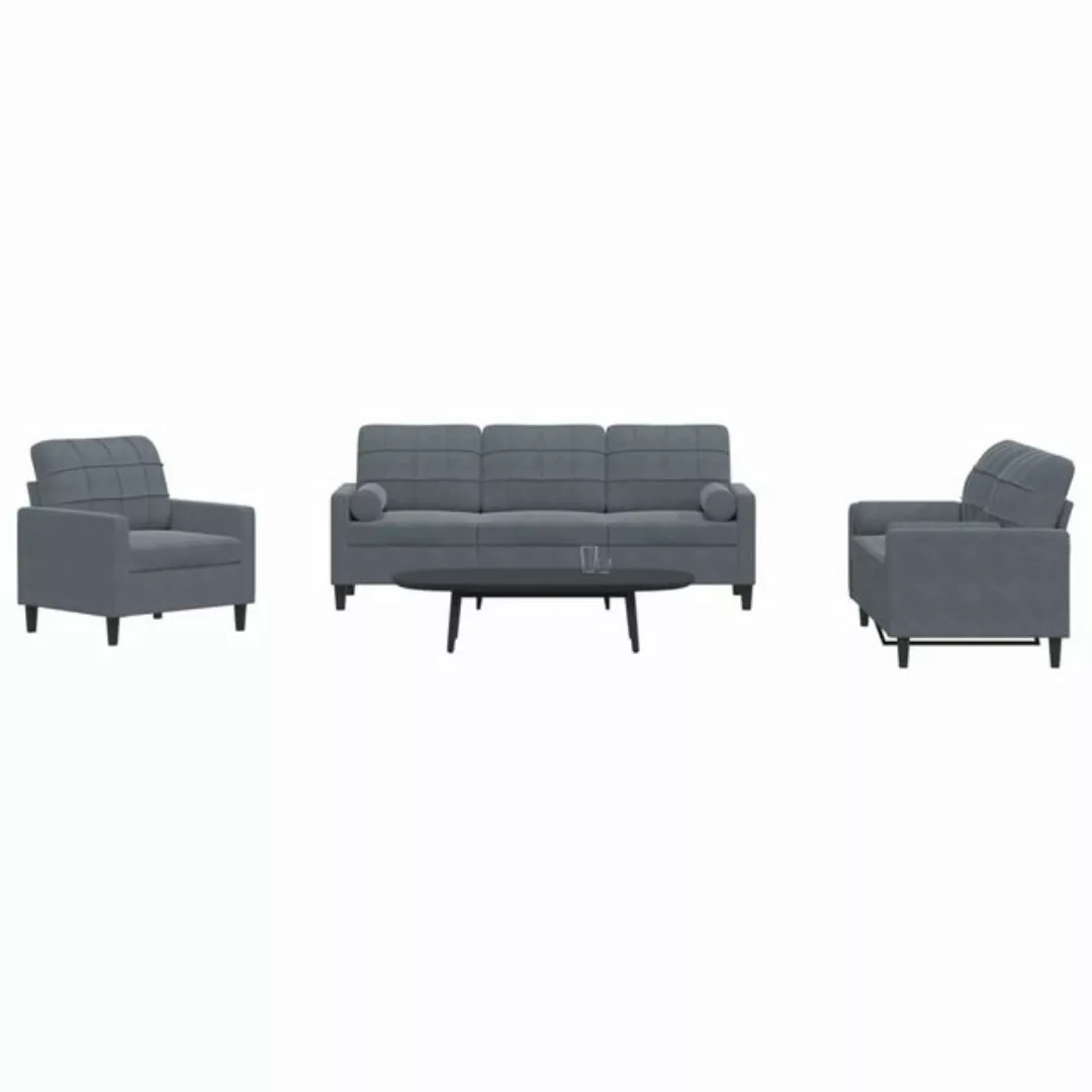 vidaXL Sofa 3-tlg. Sofagarnitur mit Kissen und Nackenrollen Dunkelgrau Samt günstig online kaufen