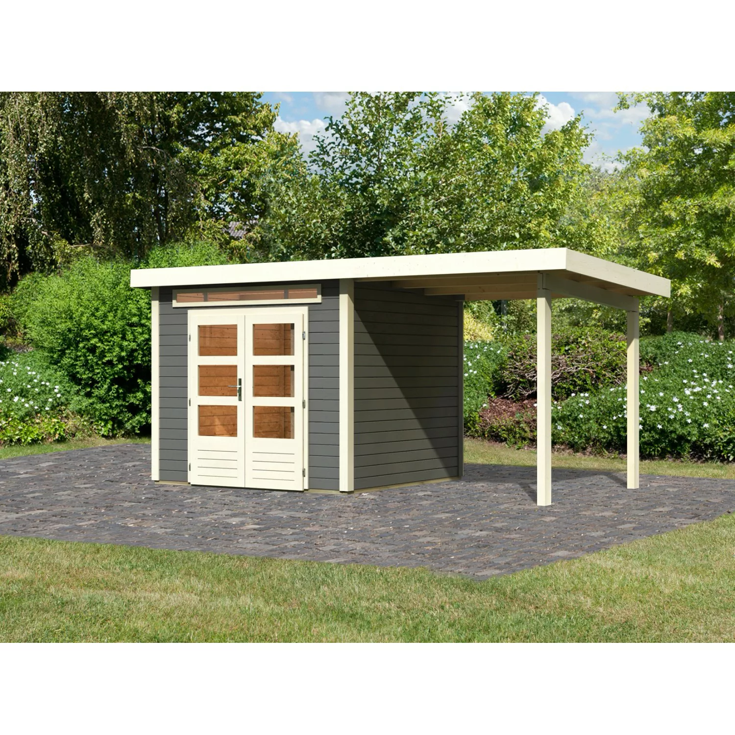 Karibu Gartenhaus Set Kumla 3 Terragrau mit Anbaudach 235 cm Breit 5,5 m² günstig online kaufen