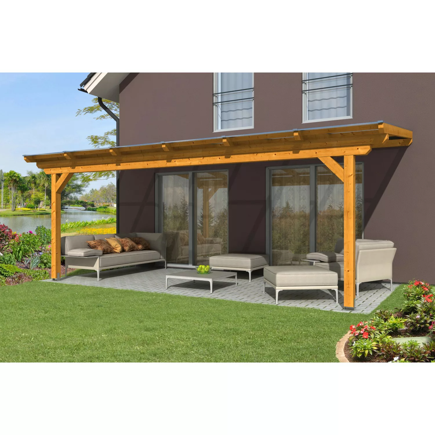 Skan Holz Terrassenüberdachung Ancona 648 x 250 cm Leimholz Eiche hell günstig online kaufen