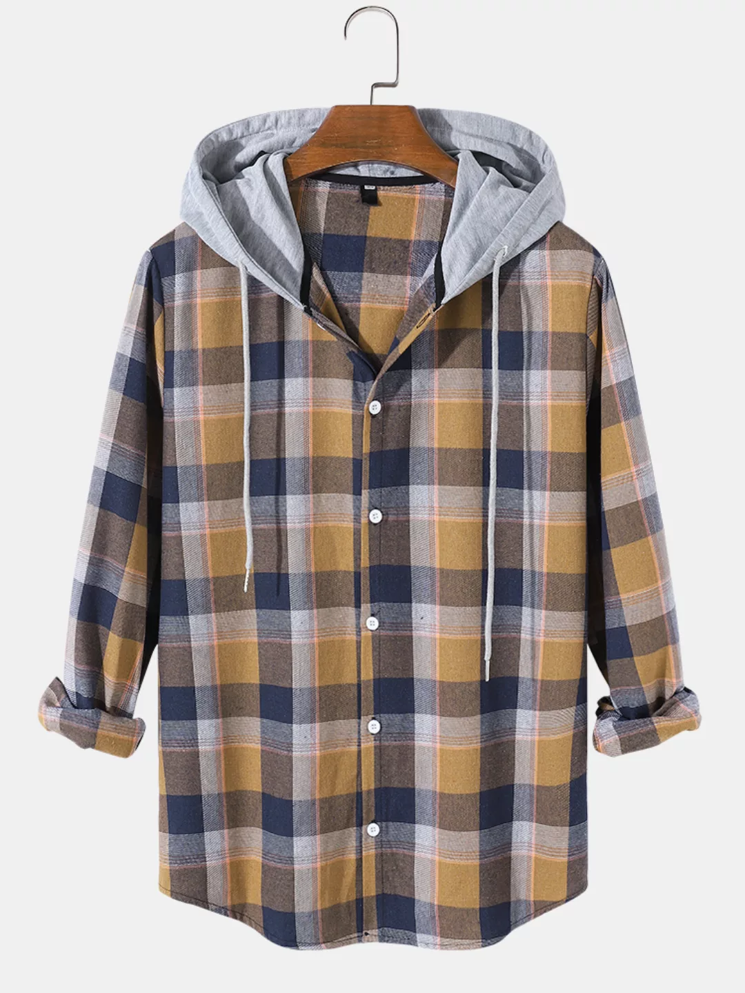 Herren Tartan Button Up Langarm Casual Drawstring Hooded Shirts günstig online kaufen