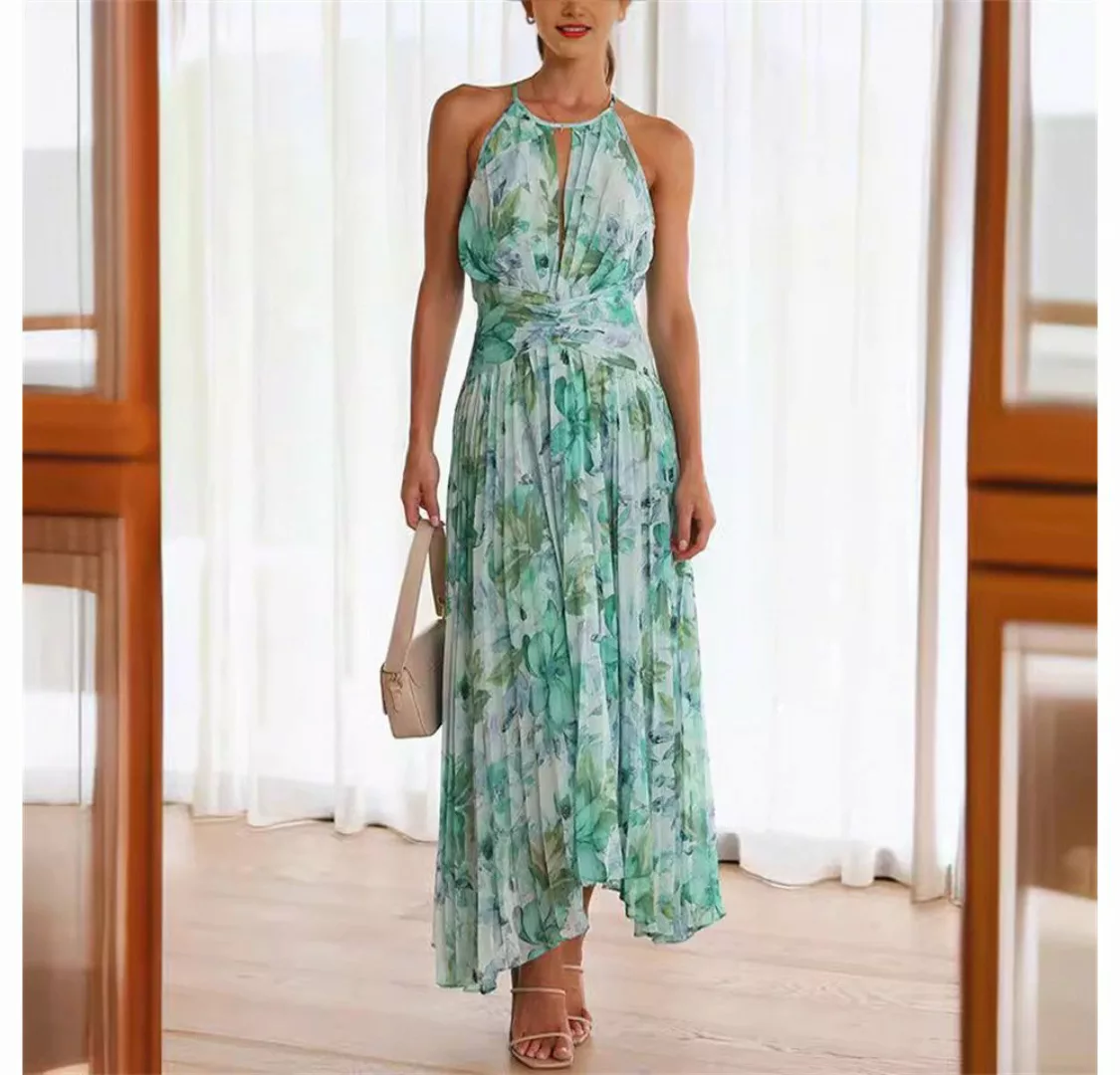 RUZU UG Dirndl Kleid Damen Neckholder ärmellos V-Ausschnitt bedruckter lang günstig online kaufen