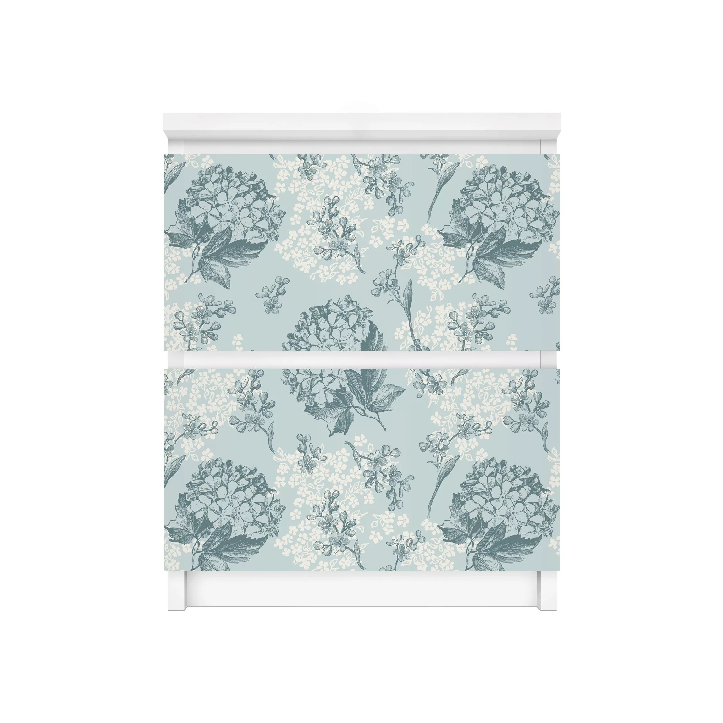 Möbelfolie für IKEA Malm Kommode 2 Schubladen Hortensia pattern in blue günstig online kaufen