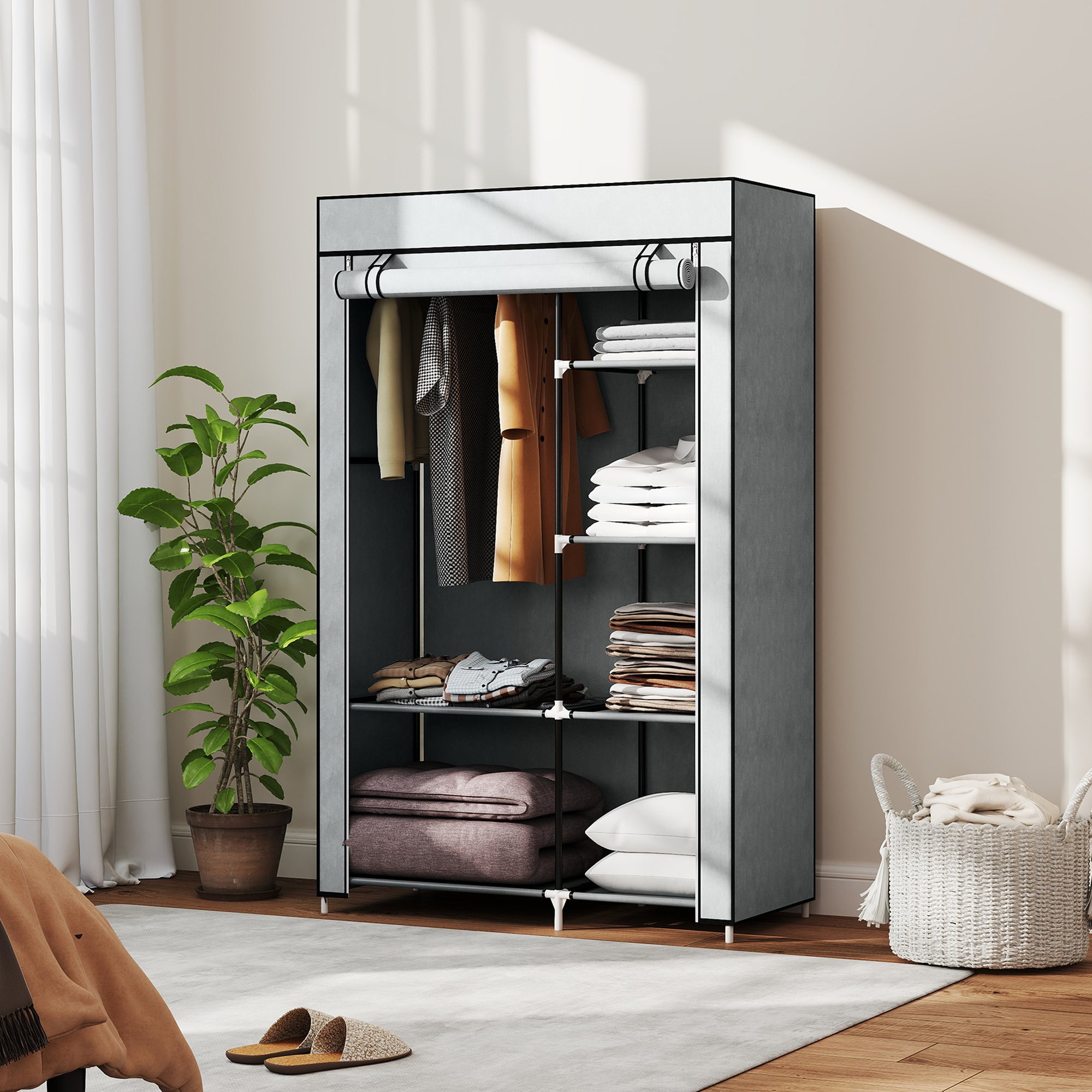 HOMCOM Kleiderschrank Stoffschrank, 6 Fächer, Grau, 103x43x162,5cm, Faltbar günstig online kaufen