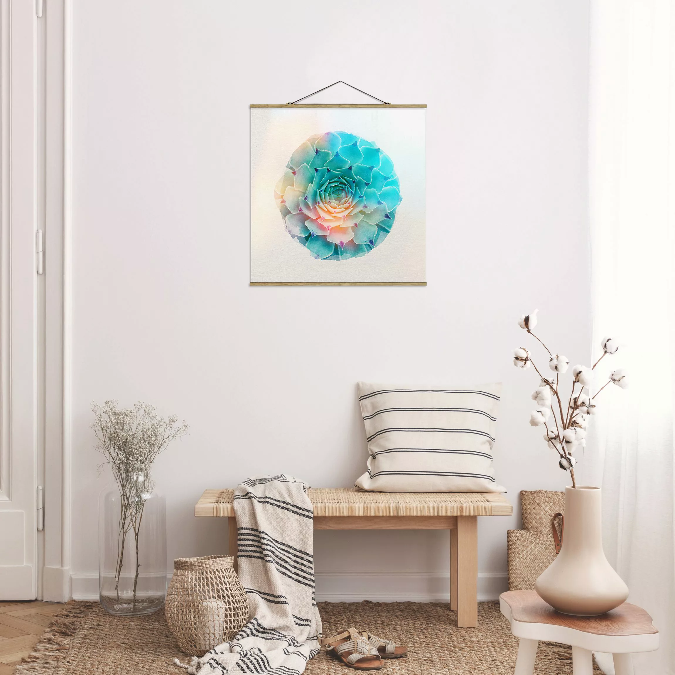 Stoffbild Blumen mit Posterleisten - Quadrat Wasserfarben - Kaktus Agave günstig online kaufen