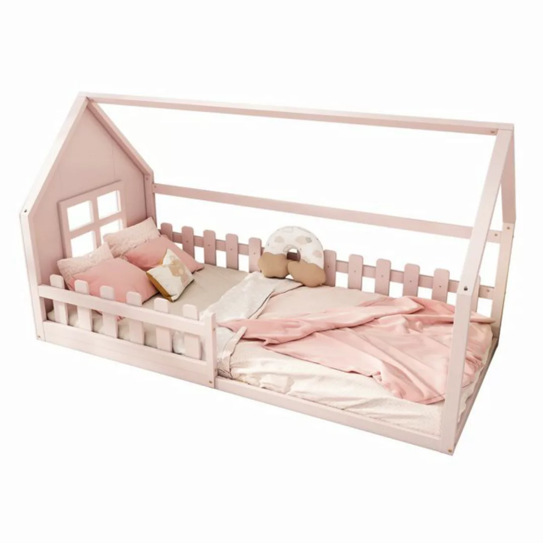 Odikalo Kinderbett Himmelbett Flachbett Hausleiste Grün/Weiß/Rosa 90*200cm günstig online kaufen