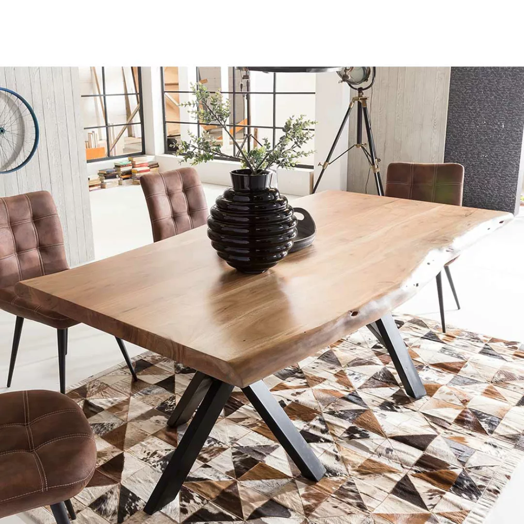 Design Esstisch aus Akazie Massivholz und Stahl Baumkante günstig online kaufen