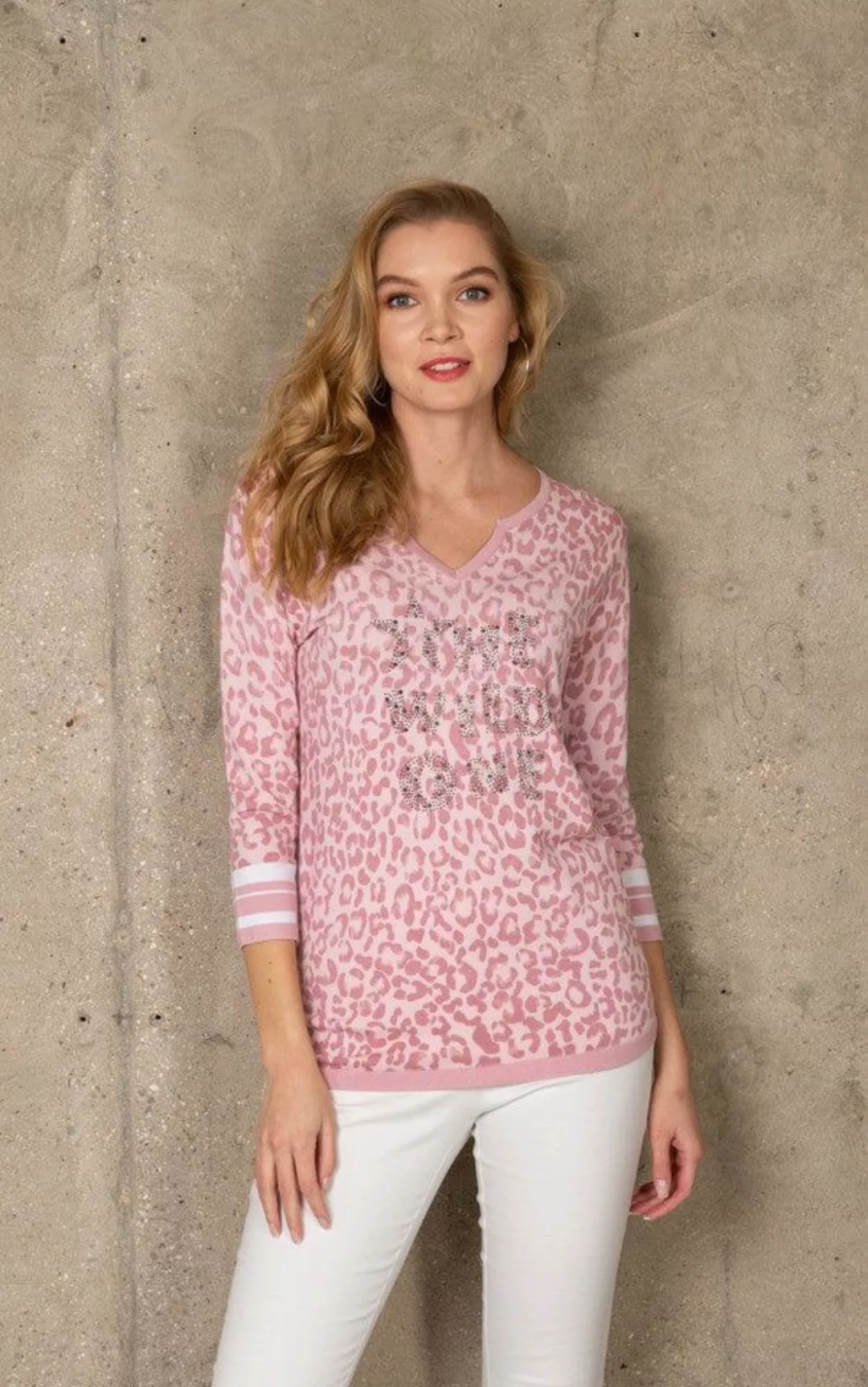 Passioni 3/4 Arm-Pullover mit Leopardenprint in rosa Splitneck, Leo- Print, günstig online kaufen