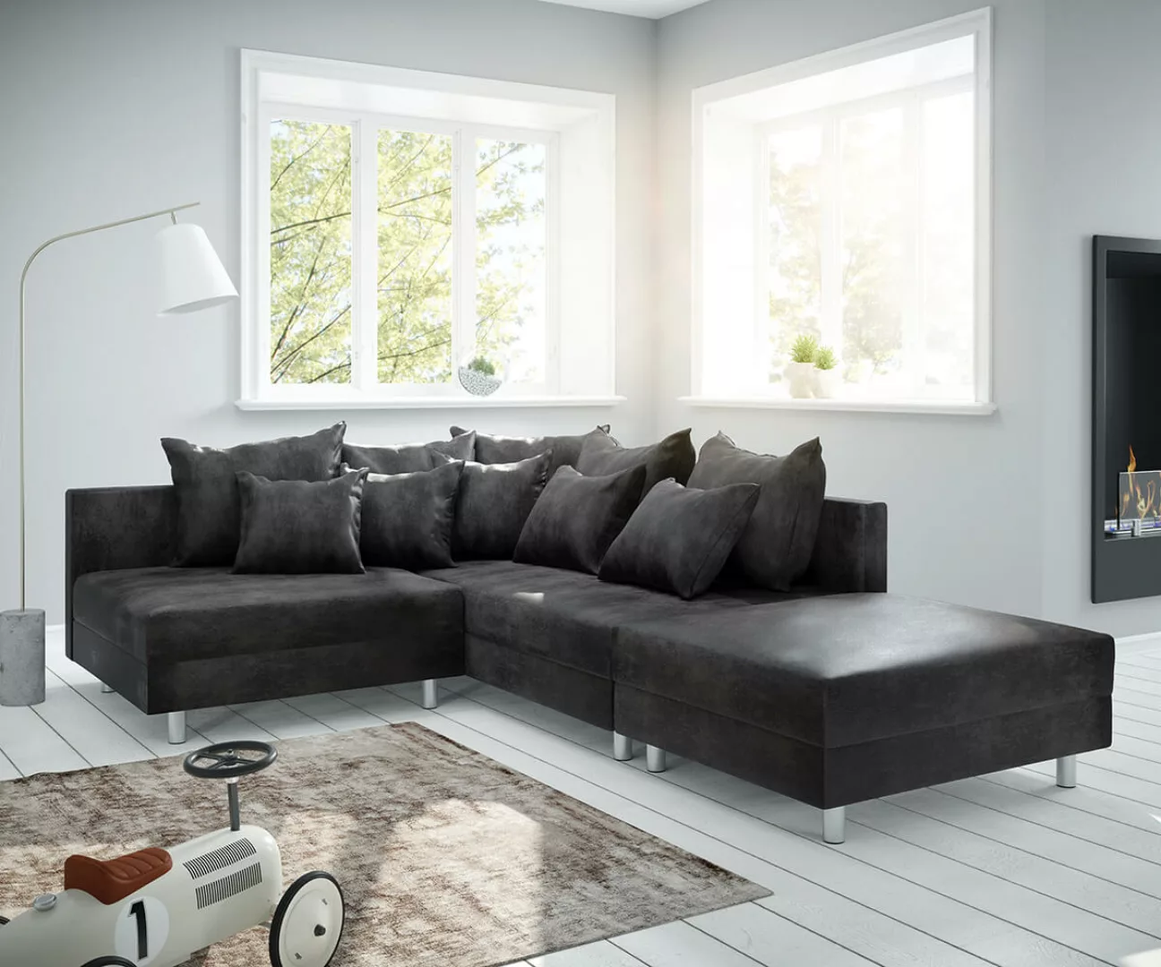 Ecksofa Clovis Anthrazit Antik Optik Modular Hocker Ottomane Rechts günstig online kaufen