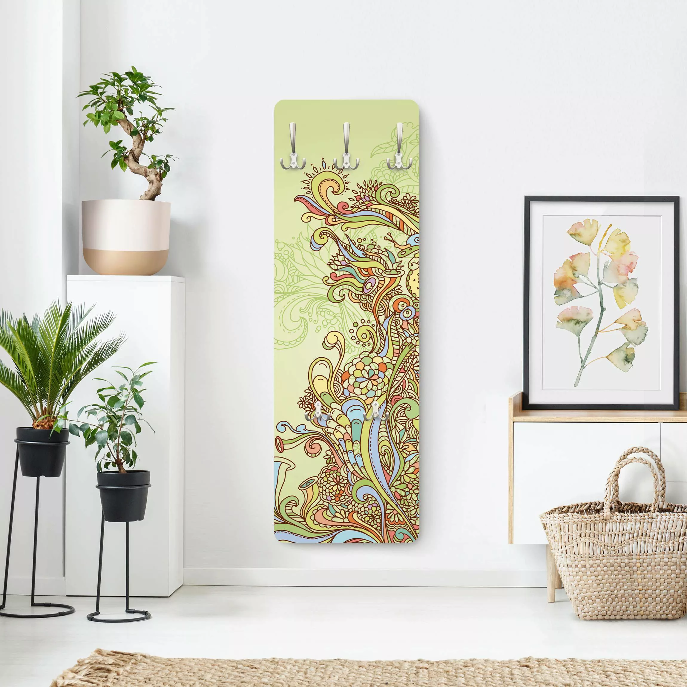 Wandgarderobe Holzpaneel Muster & Textur Florale Illustration günstig online kaufen