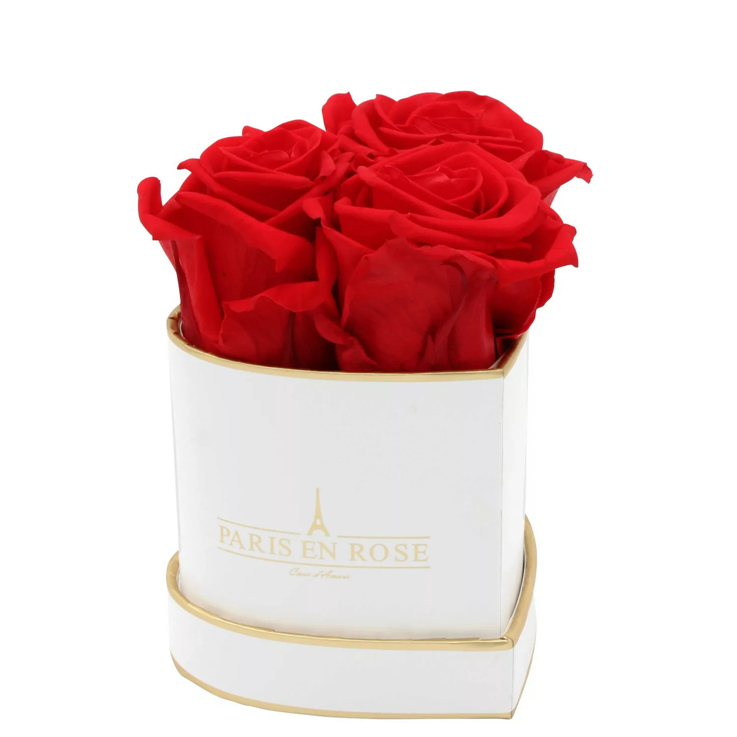 Rosenbox Herz Weiß-Gold mit 3 Roten Rosen günstig online kaufen