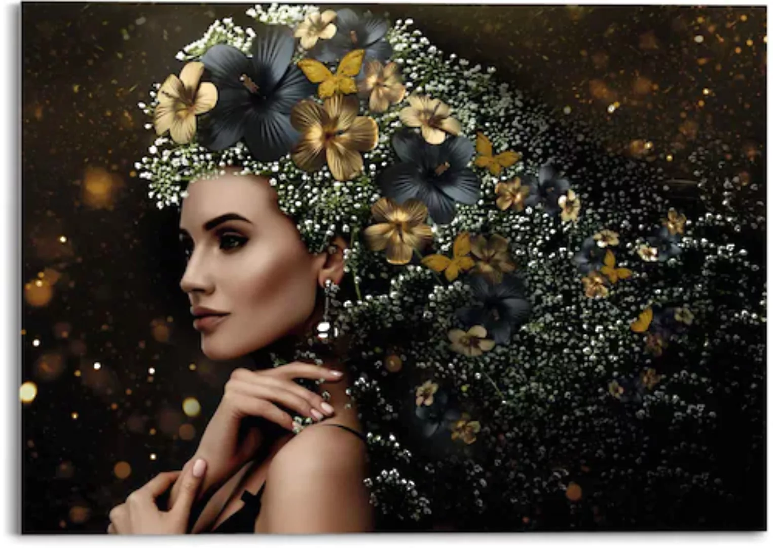 Reinders! Glasbild »Glasbild Elegante Frau Blumen - Festlich - Schmetterlin günstig online kaufen