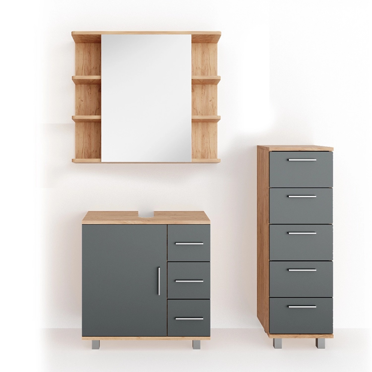 Vicco Badmöbel-Set Ilias Eiche/Anthrazit 3 Teile mit Midischrank günstig online kaufen