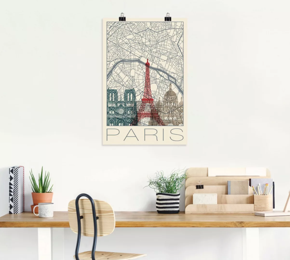 Artland Wandbild "Retro Karte Paris Frankreich und Skyline", Frankreich, (1 günstig online kaufen