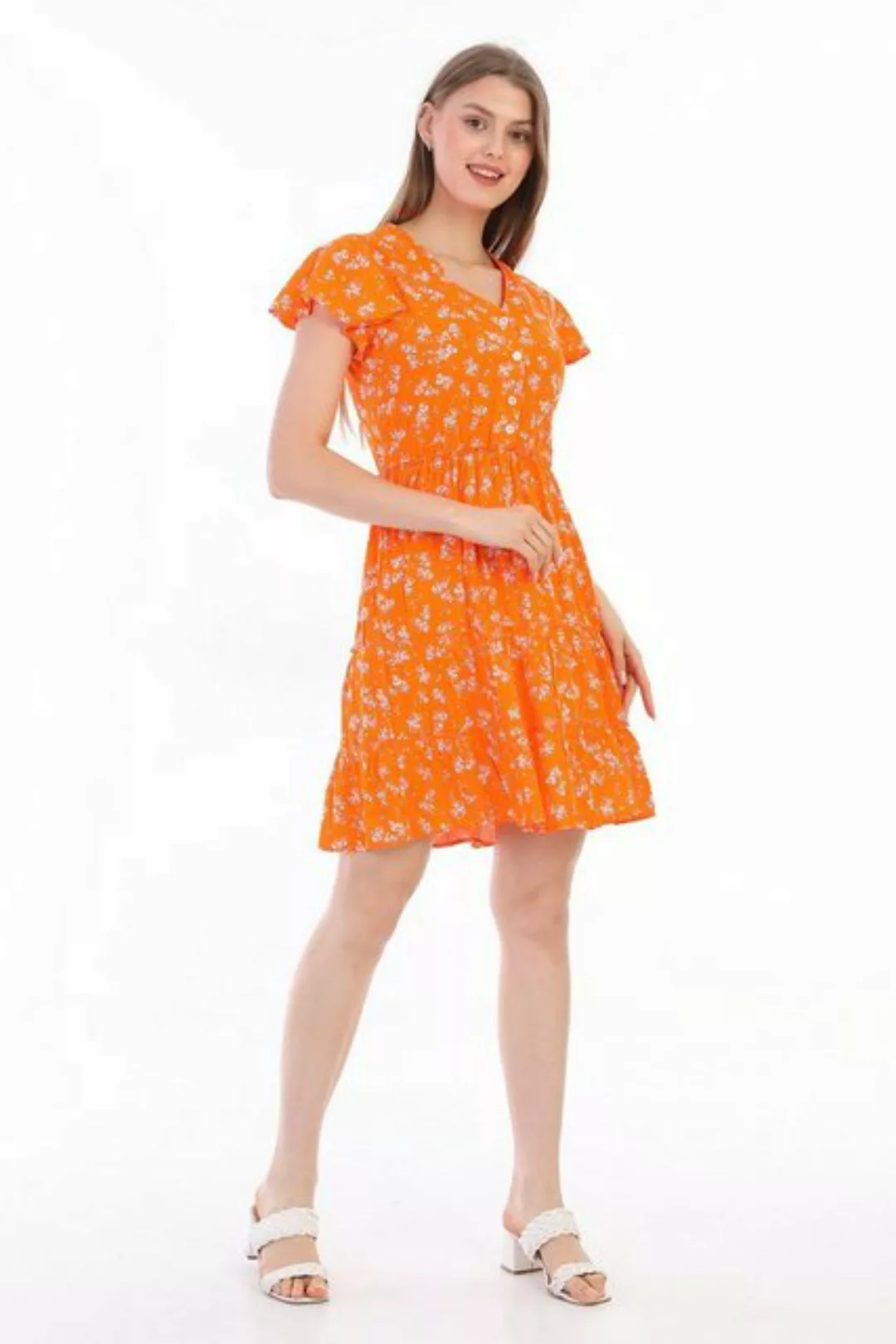 Bongual Sommerkleid V-Ausschnitt mit Knopfleiste Strandkleid geblümt Baumwo günstig online kaufen