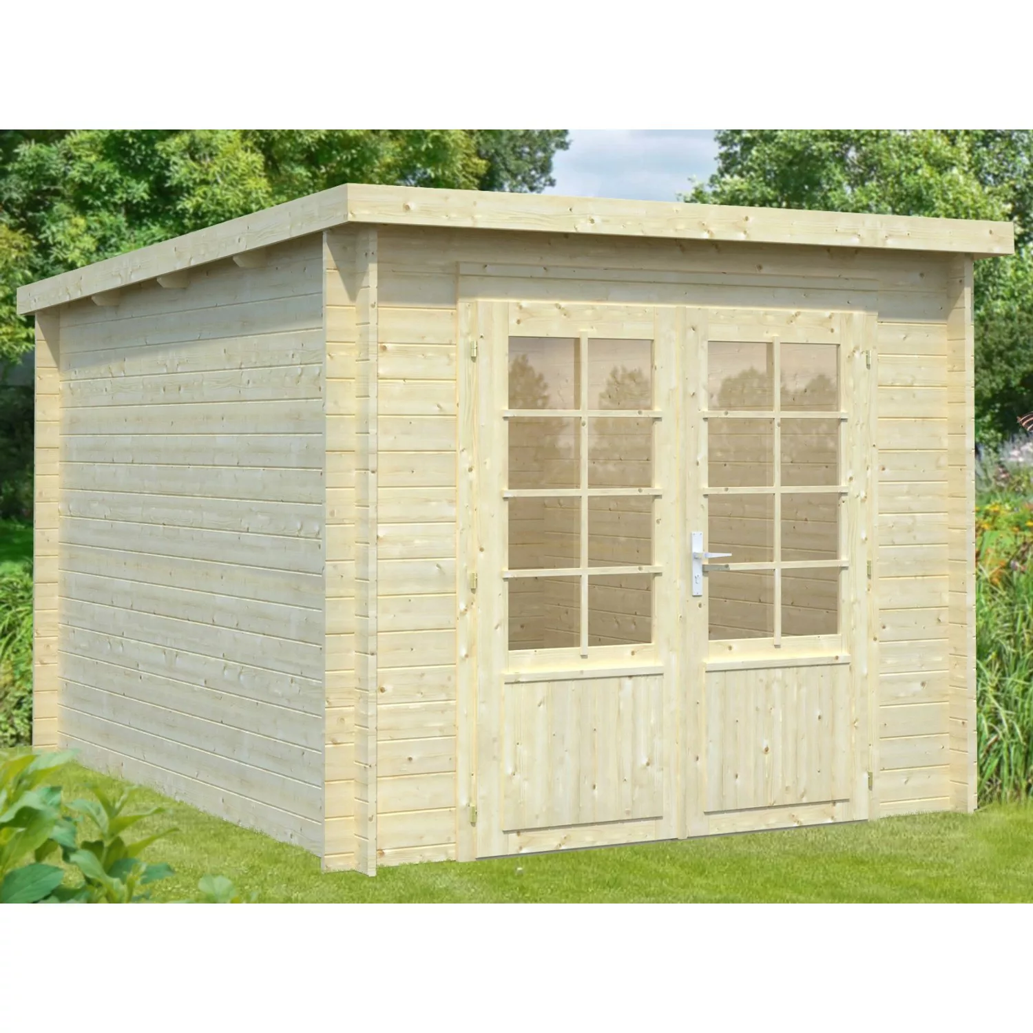 Palmako Ella Holz-Gartenhaus Grau Flachdach Tauchgrundiert 240 cm x 300 cm günstig online kaufen