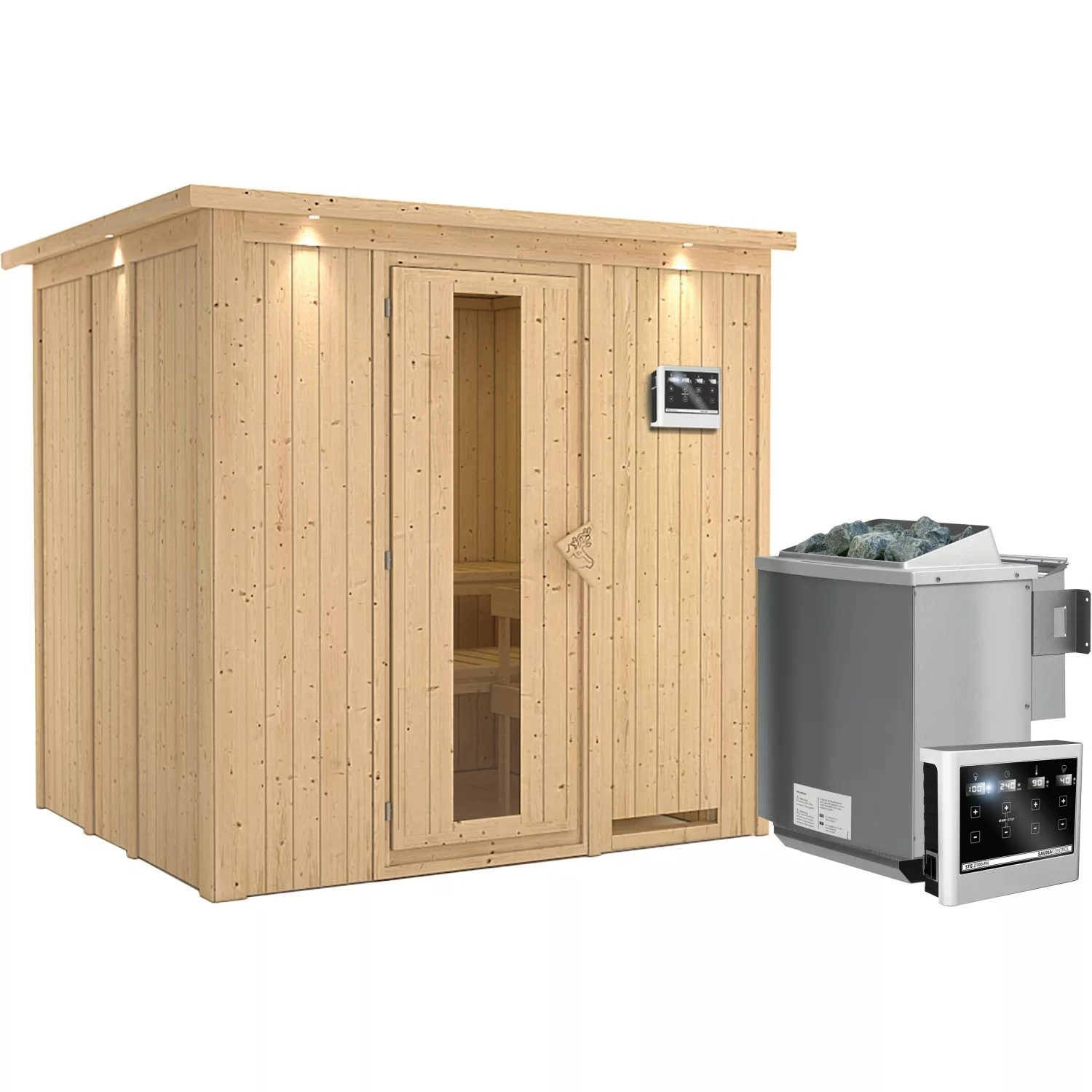 Karibu Sauna Stina inkl. Bio-Ofen 9 kW m. ext. Strg., Dachkranz, Energiespa günstig online kaufen