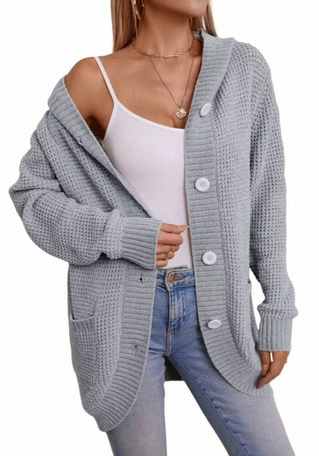 Nebelmeer Strickjacke Kapuzenlanger Cardigan, Herbst- und Winter-Damenstric günstig online kaufen