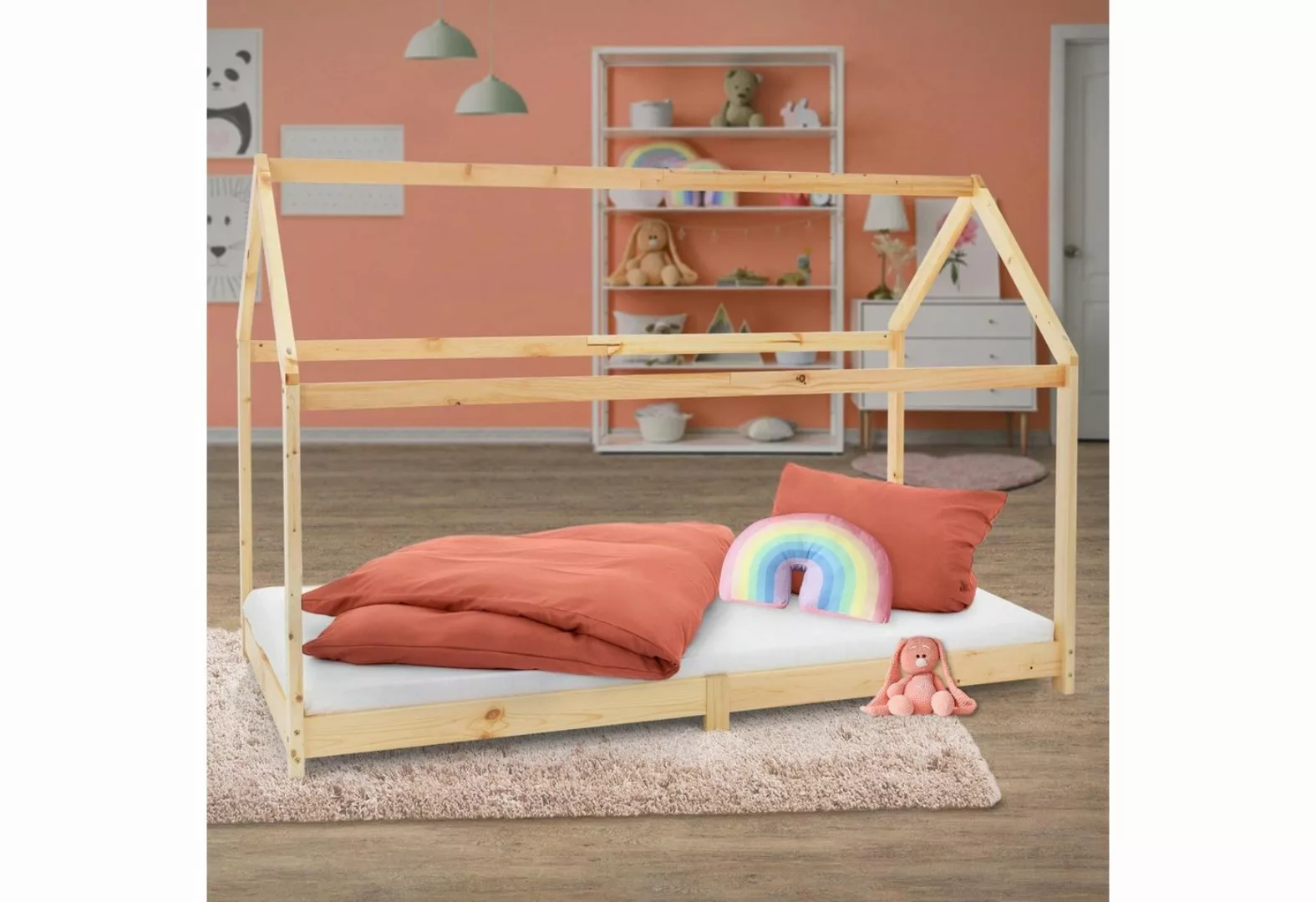 ML-DESIGN Kinderbett Hausbett mit Dach und Lattenrost aus massivem Kiefernh günstig online kaufen