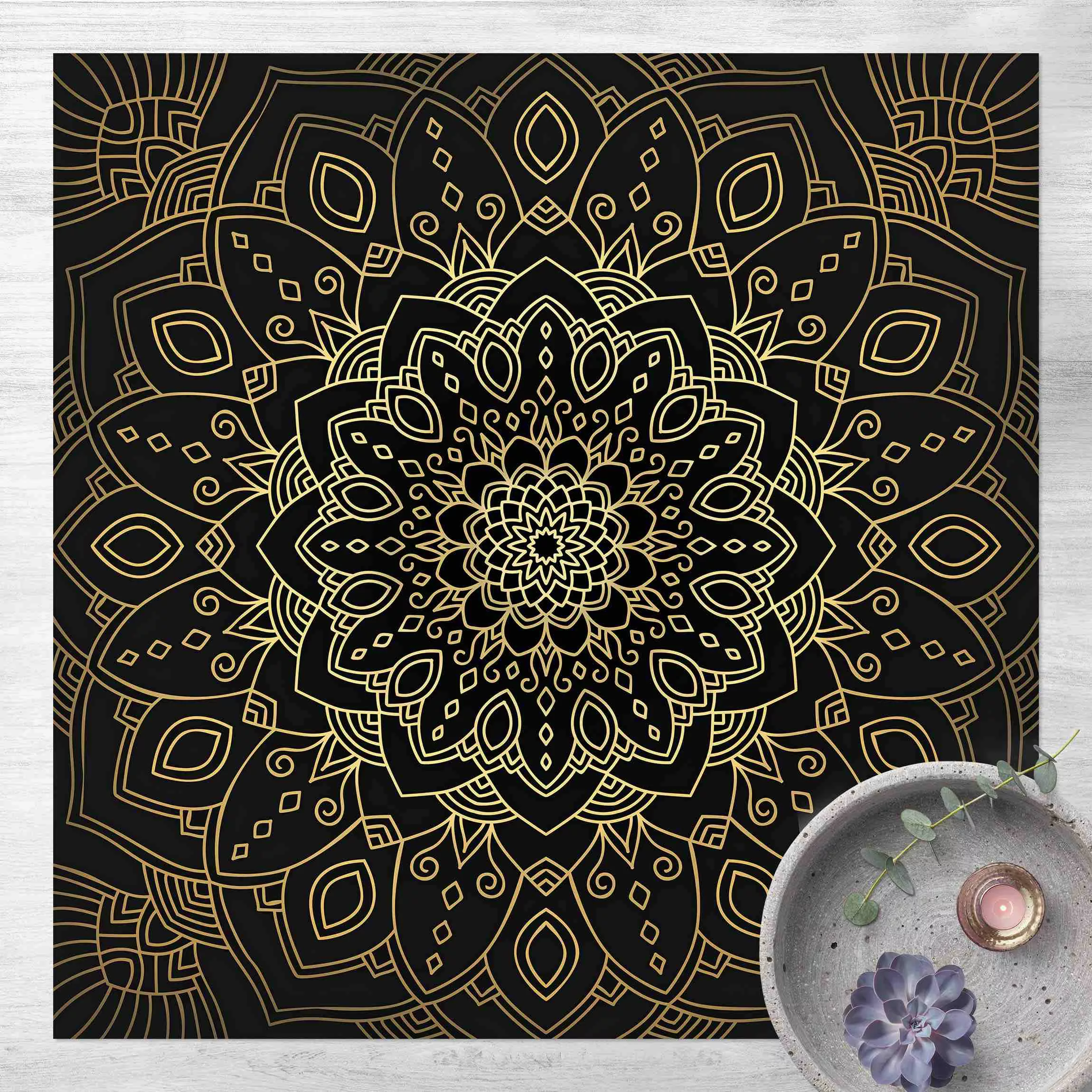 Vinyl-Teppich Mandala Blüte Muster gold schwarz günstig online kaufen