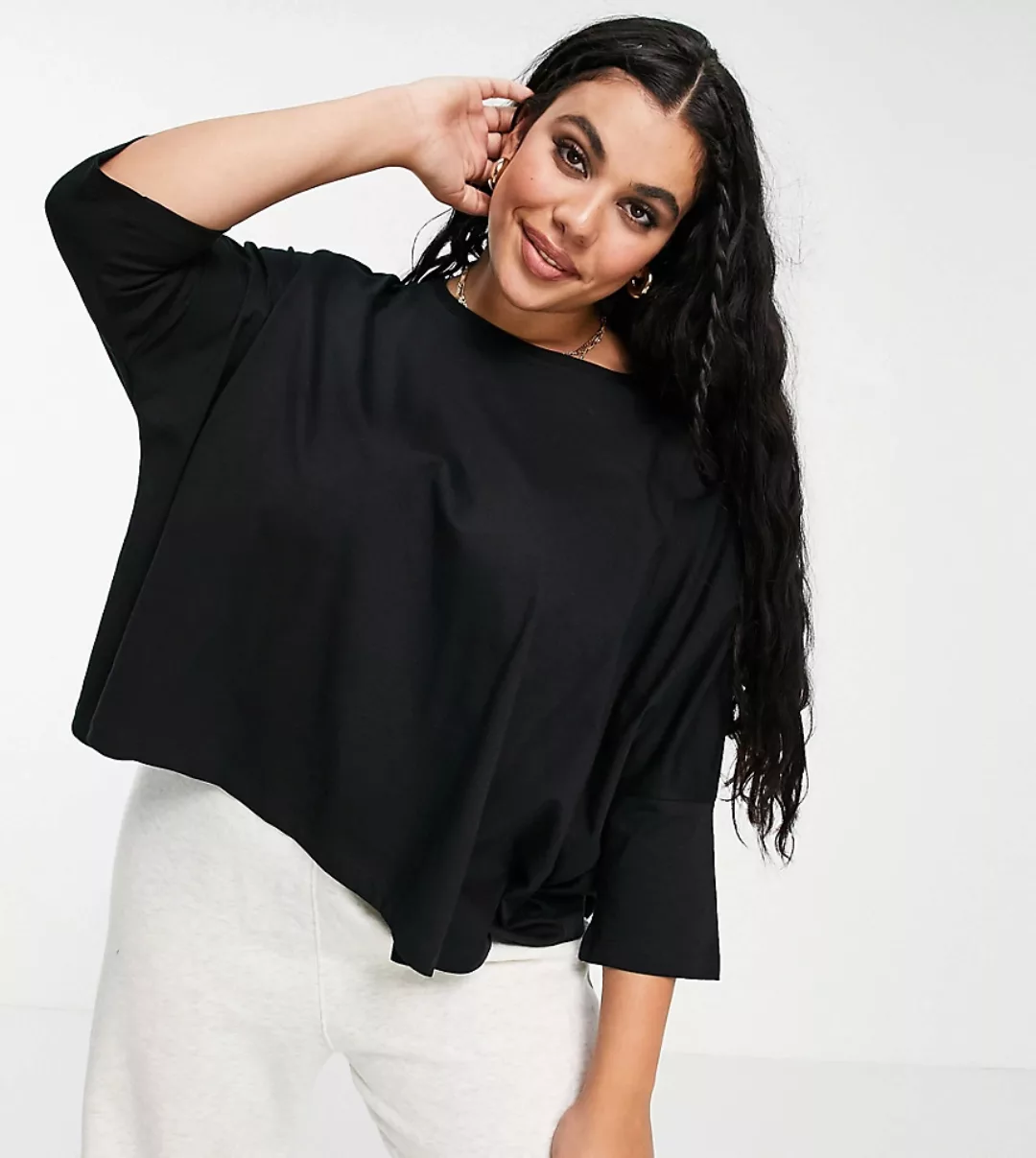ASOS DESIGN Curve – Lässiges T-Shirt mit Fledermausärmeln in Schwarz günstig online kaufen