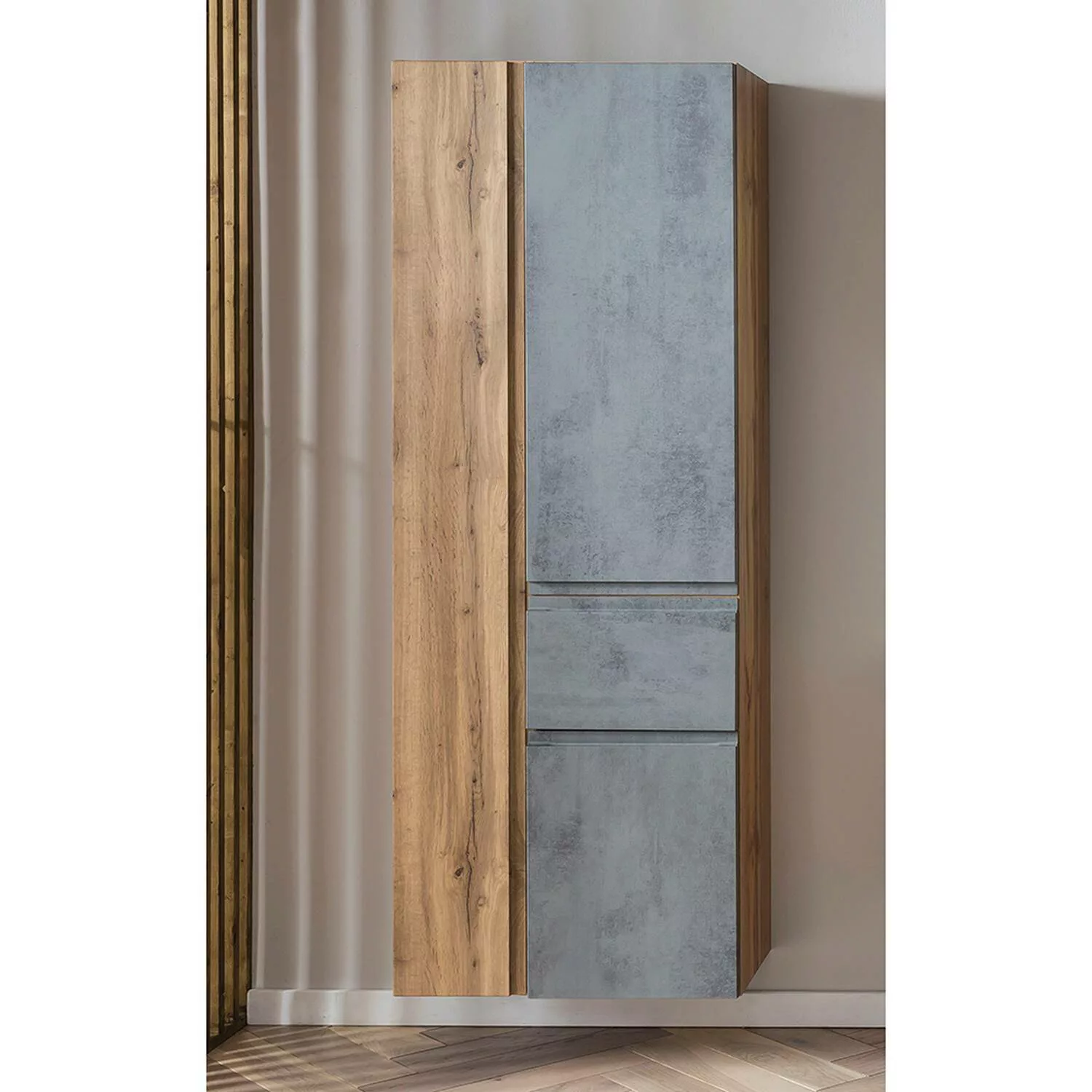 Lomadox Hochschrank VASTO-03-CONCRETE Badezimmer Schublade 65cm Eiche Beton günstig online kaufen