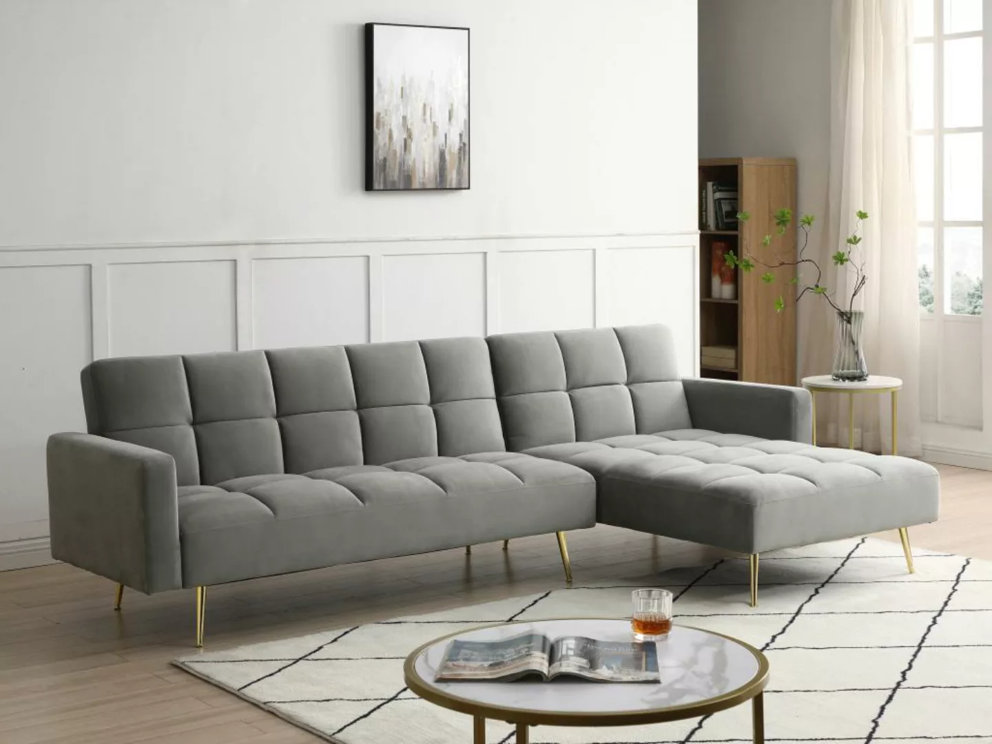 Klappecksofa mit Schlaffunktion - Ecke wechselbar - Samt - Grau - NIETO günstig online kaufen