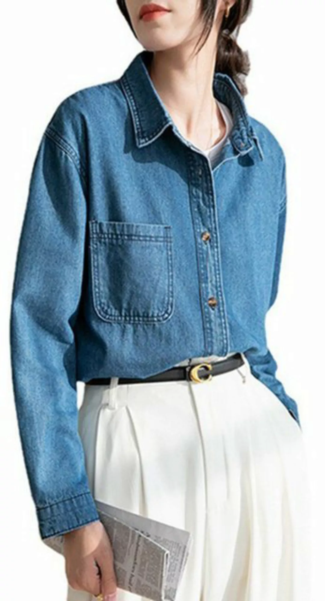 ZWY Jeanshemd Damen Hemd Top Langärmelig Jeans-blau günstig online kaufen