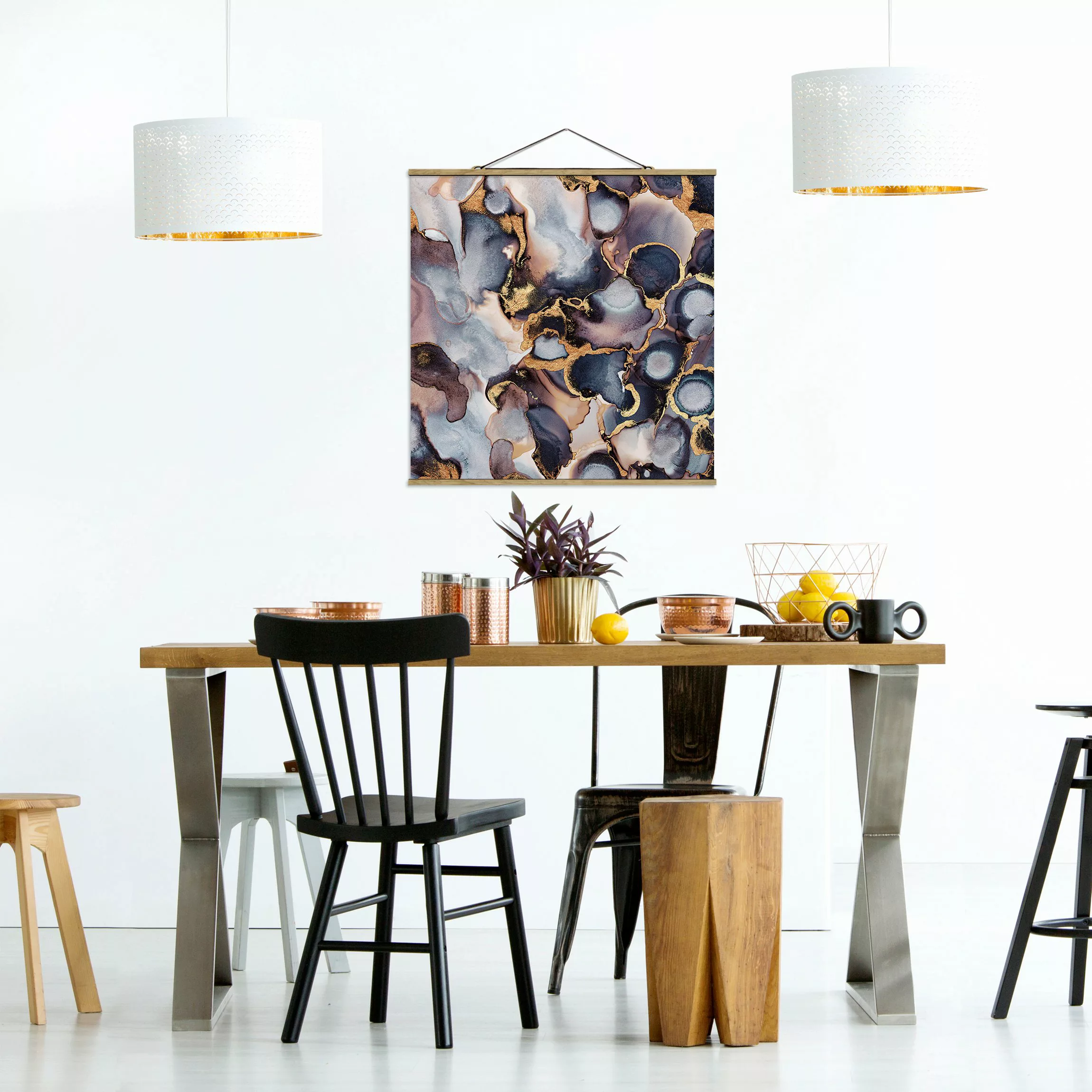 Stoffbild Abstrakt mit Posterleisten - Quadrat Marmor Aquarell mit Gold günstig online kaufen