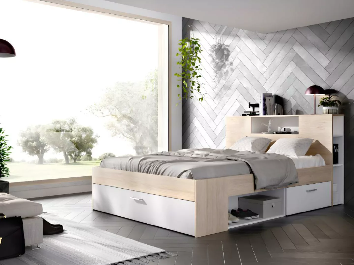 Bett mit Stauraum & Schubladen + Lattenrost - 160 x 200 cm - Weiß & Naturfa günstig online kaufen