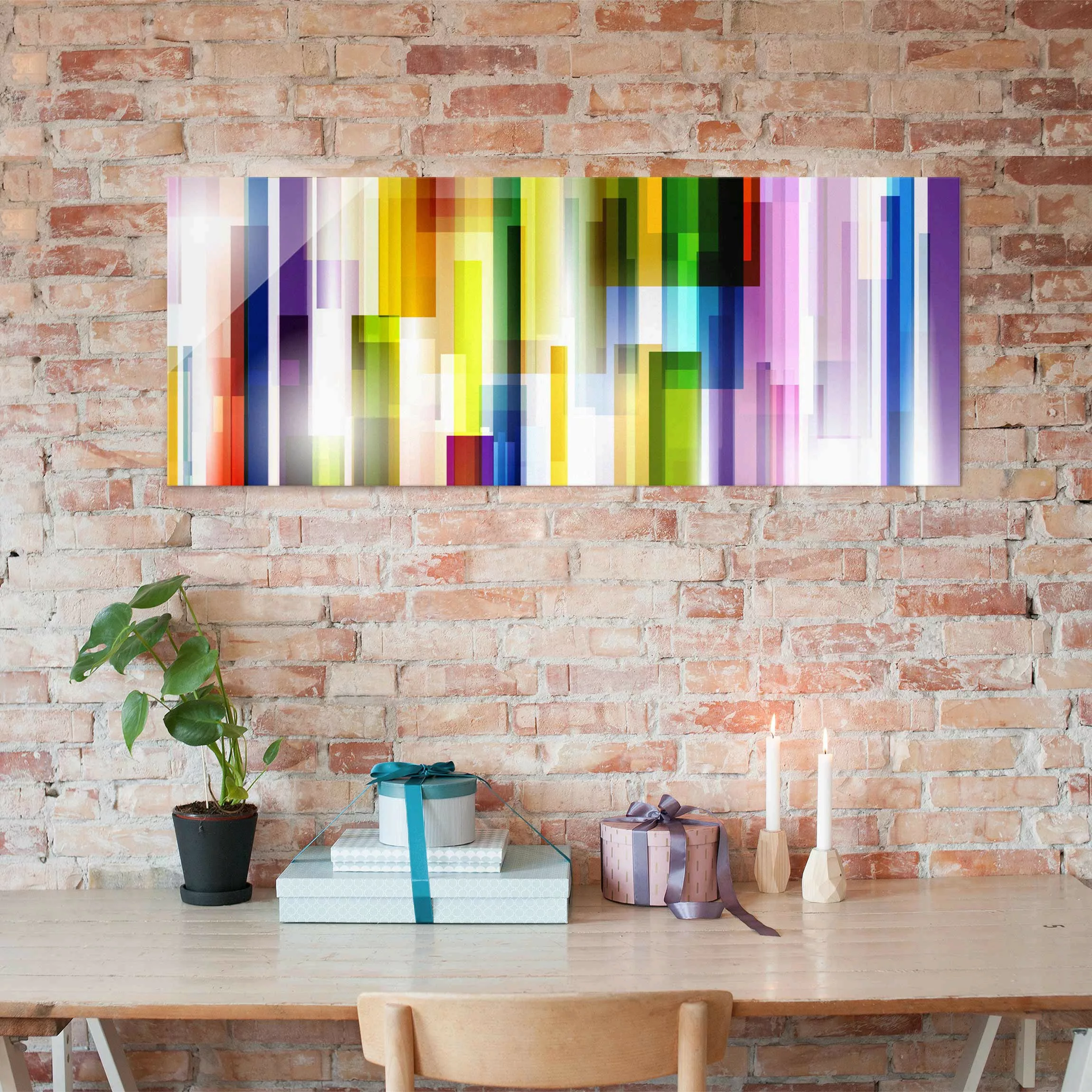 Glasbild Abstrakt - Panorama Rainbow Cubes günstig online kaufen