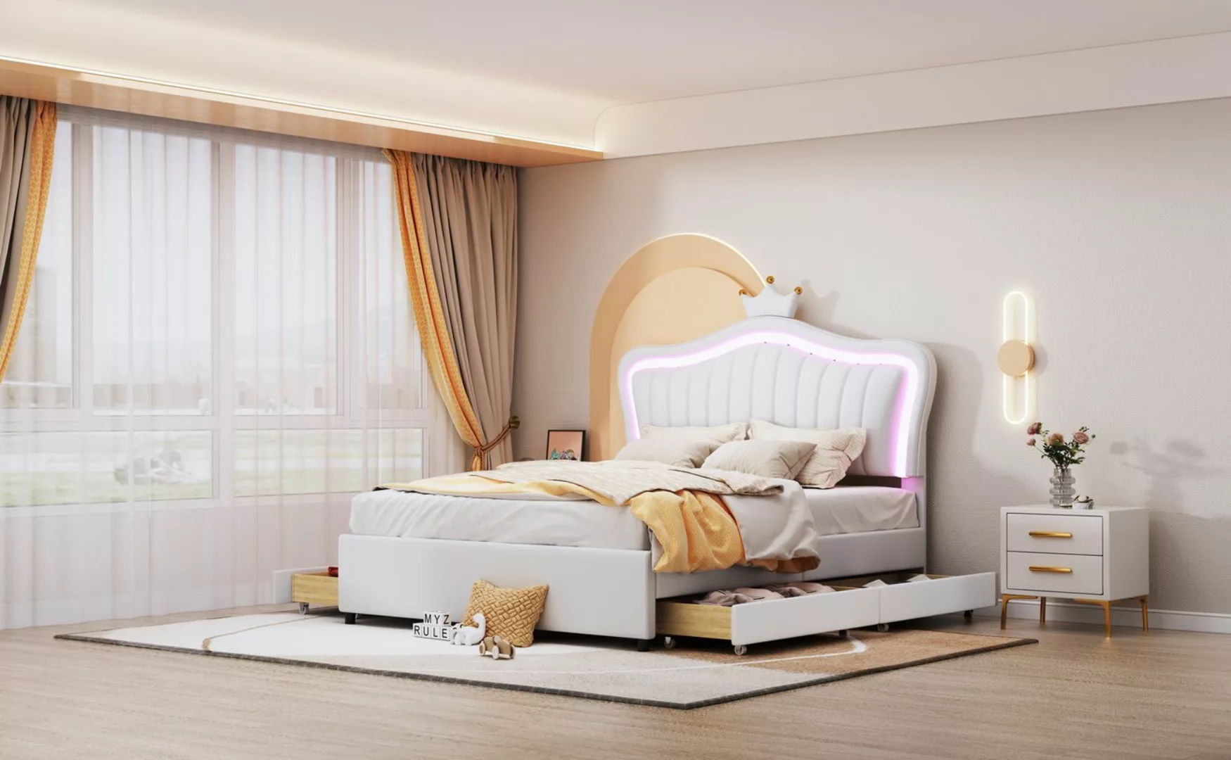 Romance Polsterbett Stauraumbett Prinzessinbett Doppelbett mit LED Beleucht günstig online kaufen